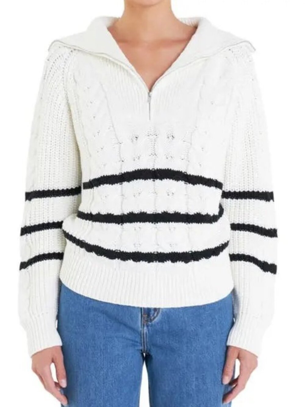 English Factory Striped Zip Up Cable 100% Cotton Sweater Size Medium